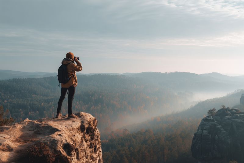 A lone hiker stands on a rocky cliff edge scanning a misty valley with binoculars at sunrise, wearing a backpack and warm jacket, embracing quiet adventurous solitude.
