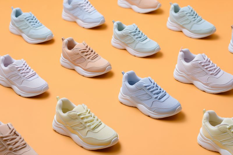 Pastel sneakers arranged in a repeating pattern on a warm orange background, showcasing trendy athletic shoes in soft muted colors for fashion and lifestyle projects, product photography and