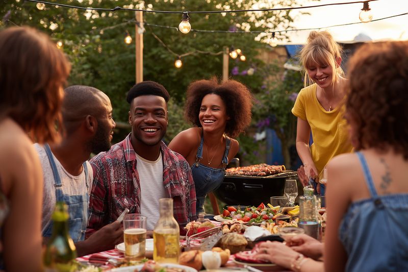 Group of friends enjoying a summer backyard barbecue at dusk, gathered around a table with grilled food, drinks and string lights, smiling and sharing a joyful evening together.