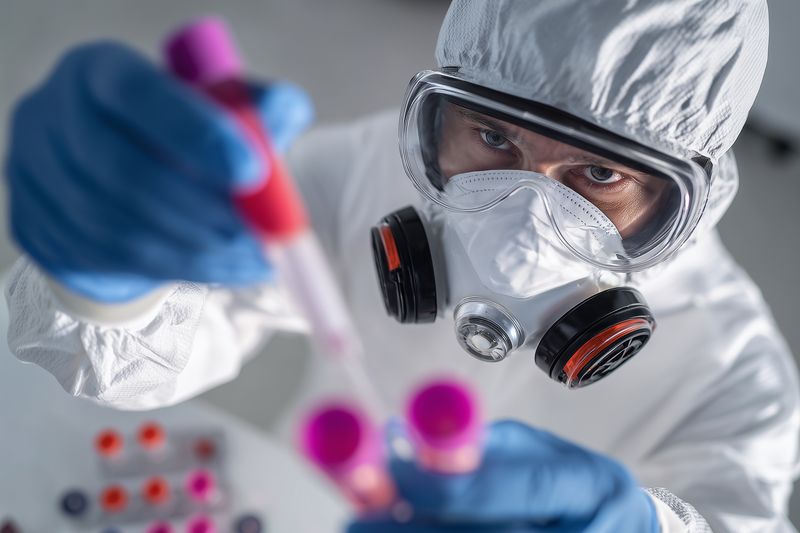 Scientist in full protective hazmat suit, respirator and goggles carefully handles blood sample tubes in a sterile laboratory setting, focusing intensely on precise testing and analysis.