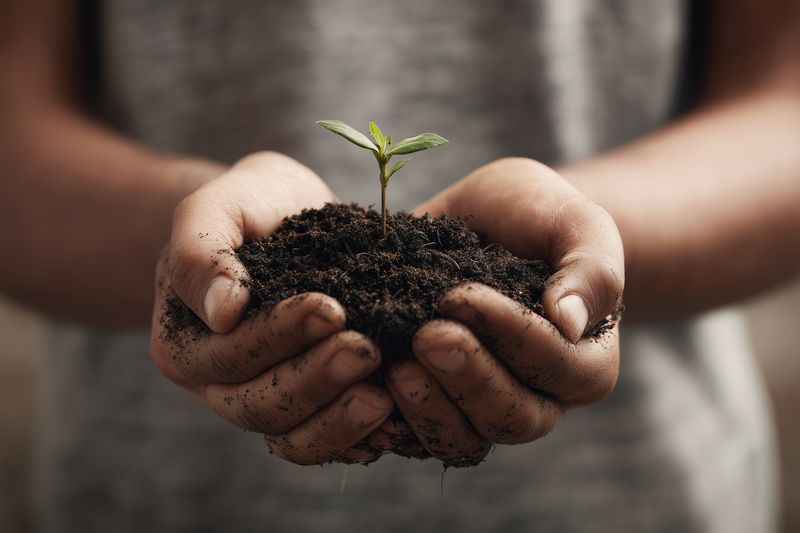 Close-up of dirt-covered hands gently cupping rich soil with a tiny green seedling, evoking themes of growth, nurturing, environmental care, sustainable gardening and hopeful new life.
