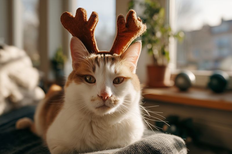 Close-up portrait of a ginger and white tabby cat wearing reindeer antler costume indoors, bathed in warm sunlight on a blanket, conveying cozy holiday charm and playful festive mood.