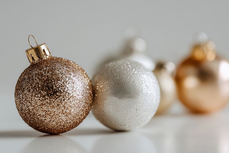 Close-up of glittery gold and silver Christmas baubles on a soft neutral background, festive holiday decoration with sparkling texture and elegant metallic tones for seasonal scenes.