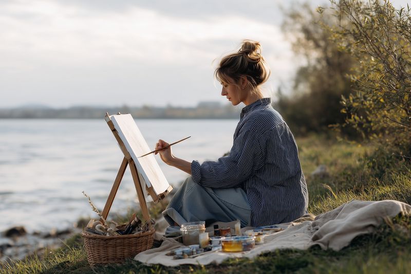 Young woman painting on an easel by the lakeside, surrounded by art supplies and a picnic basket, capturing serene nature light and peaceful outdoor creative moment.
