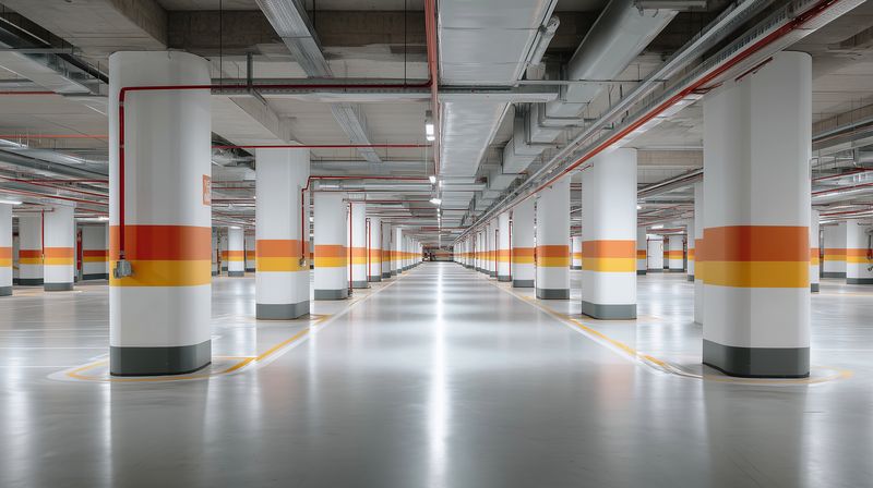 Spacious empty underground parking garage with repeating concrete columns, polished floor reflections, industrial ceiling pipes and bright linear lighting creating deep perspective and symmetry.
