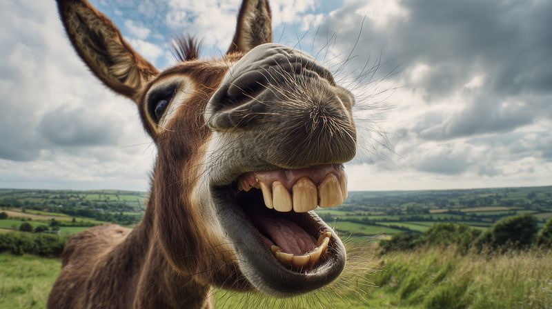 Close-up of a donkey showing teeth with open mouth in a grassy field under a dramatic cloudy sky, humorous expressive portrait capturing animal personality and rural landscape atmosphere.