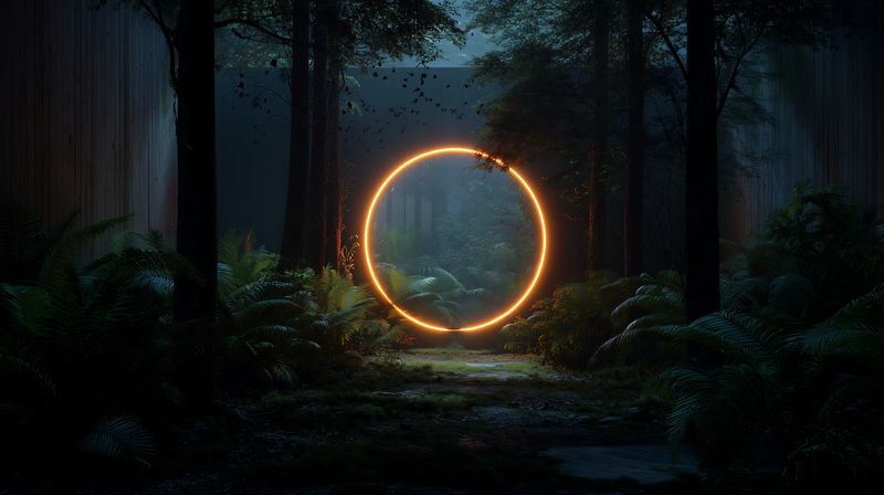 A luminous glowing ring stands in a misty dark forest clearing, casting warm orange light on ferns and trees, creating a mysterious cinematic atmosphere and silent anticipation.