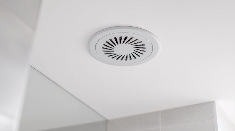 Circular white ceiling ventilation grille installed in a modern bathroom interior, offering discreet exhaust and efficient air circulation to control humidity and maintain fresh, clean indoor