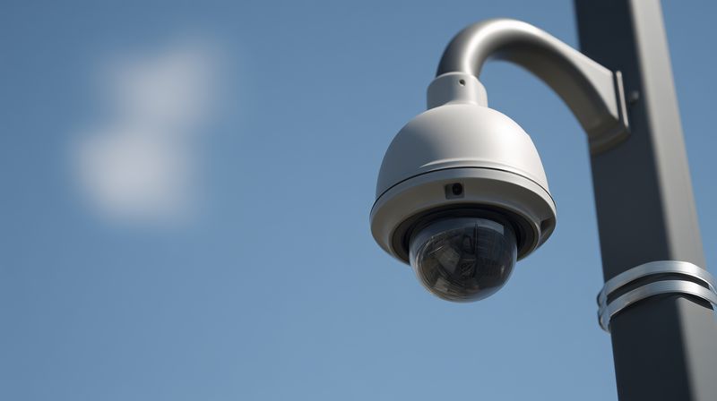Outdoor dome security camera mounted on a pole monitoring public space, capturing high-resolution footage for surveillance and safety with a weatherproof modern design.