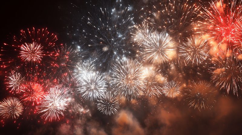 Colorful fireworks burst across the night sky in a dramatic display of light and color, illuminating clouds of smoke and creating a festive atmosphere full of energy and celebration.
