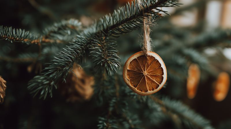 Close-up of a dried orange slice hanging from a fir branch as a natural rustic ornament, evoking warm festive atmosphere with earthy tones and textured evergreen needles.