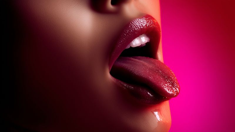 Close-up of glossy red lips and tongue glistening with moisture against a vibrant pink background, emphasizing sensual texture, detailed makeup, alluring shine and vivid color.