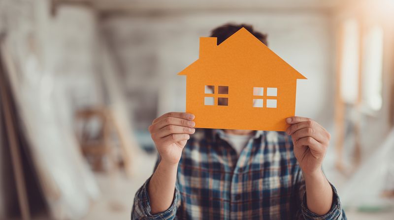 Person holding a paper house cutout in front of their face indoors, warm natural light and shallow depth of field create an inviting concept image about homeownership, real estate and family.