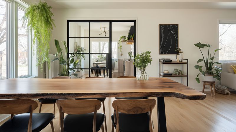 Bright modern dining room with live-edge wooden table, black chairs and indoor plants, filled with natural light, minimalist decor and a glass partition opening to living area.