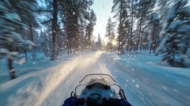 First-person view riding a snowmobile through a snowy pine forest at sunset, fast motion kicking up powdery snow along a narrow tracked trail under cold blue light.