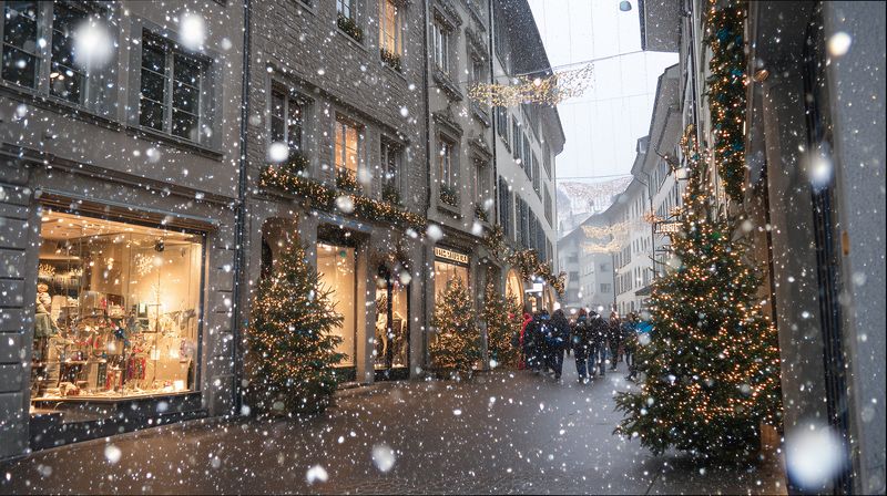 Snowy street scene with festive holiday decorations, illuminated shop windows and decorated Christmas trees lining a pedestrian shopping street as snowflakes gently fall in evening light.