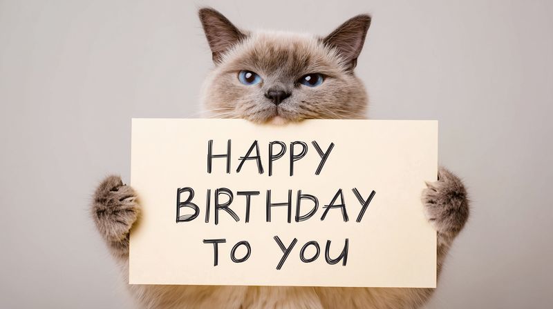 Fluffy blue-eyed cat holds a handwritten birthday sign with a playful expression against a neutral studio background, perfect for cute celebration and greeting card concepts.
