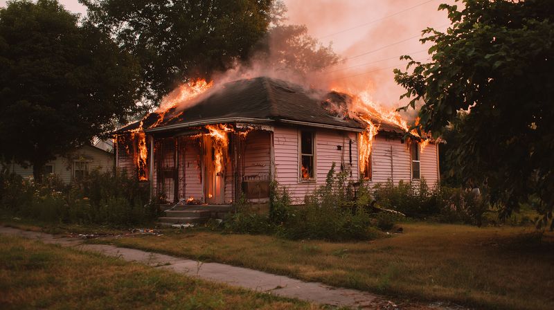 Deteriorated single-story house engulfed in intense flames at dusk, with thick smoke pouring from the roof and windows, glowing embers and charred siding creating a dramatic urgent scene.
