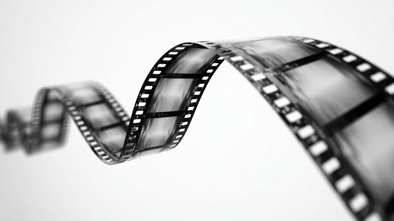 Curved vintage filmstrip floating in shallow focus, a monochrome photographic composition highlighting texture, frames and light, evoking analog cinema and nostalgic storytelling.