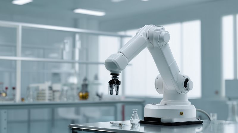 A white industrial robotic arm on a laboratory benchtop performs precise automated handling of glassware and samples in a sterile research environment for scientific testing and manufacturing.