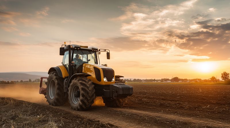 Yellow tractor plowing a field at sunset, kicking up dust along a rural dirt road under a dramatic sky, agricultural machinery working in warm golden evening light on farmland.