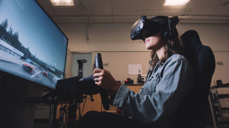 A person wearing a virtual reality headset operates a realistic racing simulator, gripping a force feedback steering wheel while a large monitor shows high-speed driving scenes in a gaming studio.