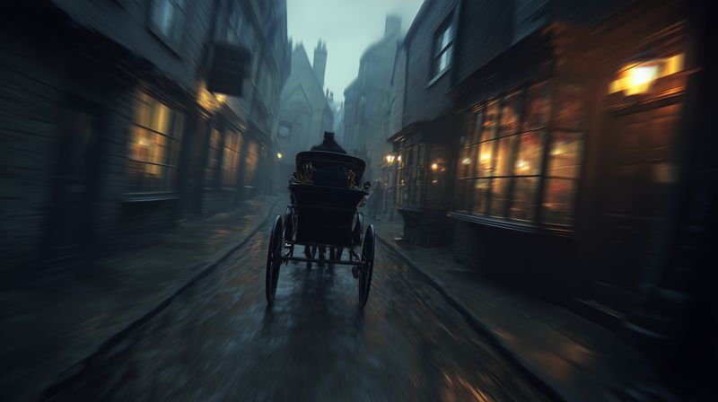 A moody rainy night scene shows a horse-drawn carriage racing down a narrow cobblestone street, lanterns casting warm light through fog while wet reflections shimmer on pavement.