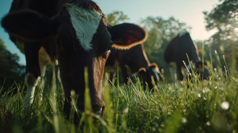 Low-angle close-up of cows grazing in dewy green grass at sunrise, warm backlight highlighting textures and creating a tranquil pastoral scene in a rural meadow.
