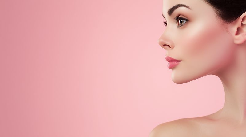 Close-up profile of a young woman with flawless skin and subtle makeup against a soft pink background, highlighting facial contours, elegance and refined beauty.