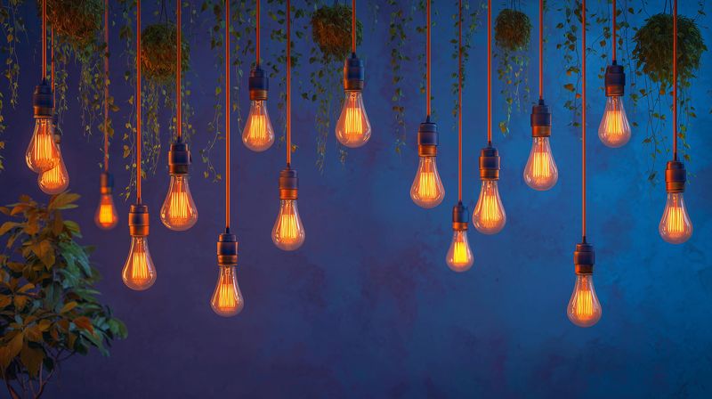 Warm glowing vintage filament light bulbs hang at varying heights against a deep blue textured wall, casting soft amber illumination and creating a cozy atmospheric scene with hanging foliage.