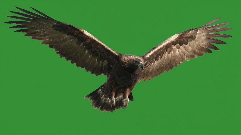 Dramatic overhead view of a large dark bird of prey in mid-flight with wings fully spread, talons poised and focused gaze with detailed feathers and motion.