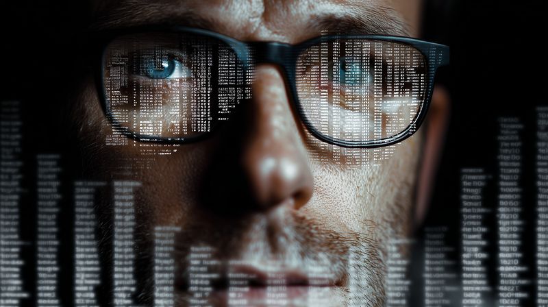 Close-up of a person wearing glasses with reflected digital code, portraying cybersecurity, programming, data analysis and focused concentration in a dark technology environment.