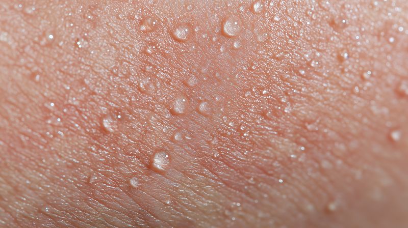 Macro close-up of human skin with numerous small sweat droplets, emphasizing pores, texture and moisture on a warm surface in sharp detail for skincare or medical visuals.
