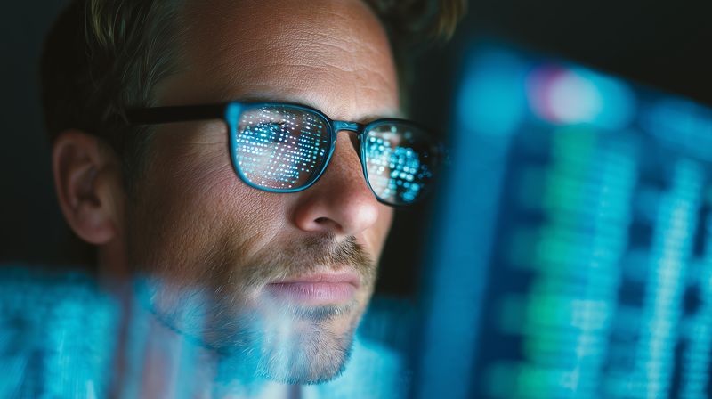 Close-up of a focused man wearing glasses reflecting digital code on multiple screens, working late on data analysis and software development in a dark modern office environment.