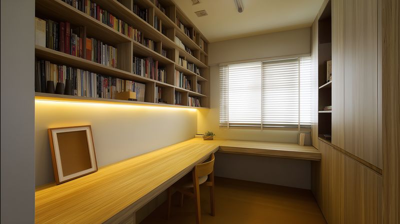 Cozy modern home office with built-in wooden desk and shelving, warm ambient lighting, books neatly arranged, ergonomic chair, window blinds, minimalist organized workspace with custom cabinetry and
