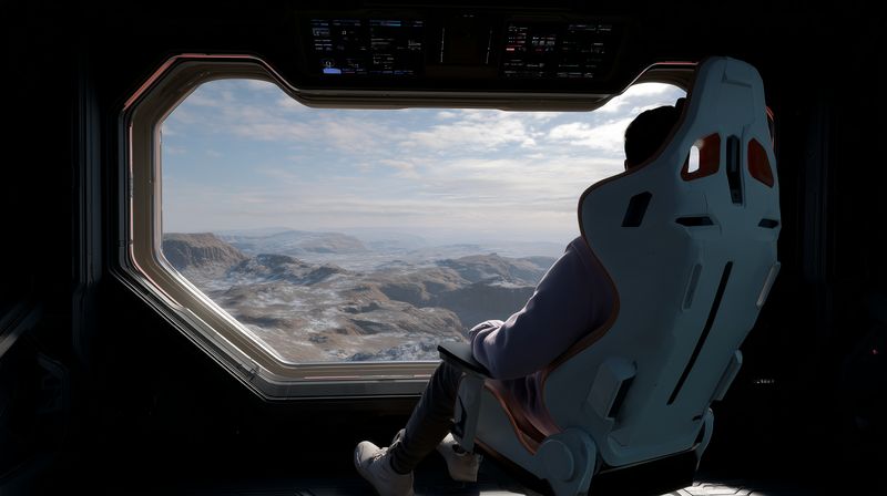 A lone traveler seated in a futuristic cabin gazes through a large viewport at a frozen mountain landscape, evoking solitude, exploration and quiet cosmic perspective.