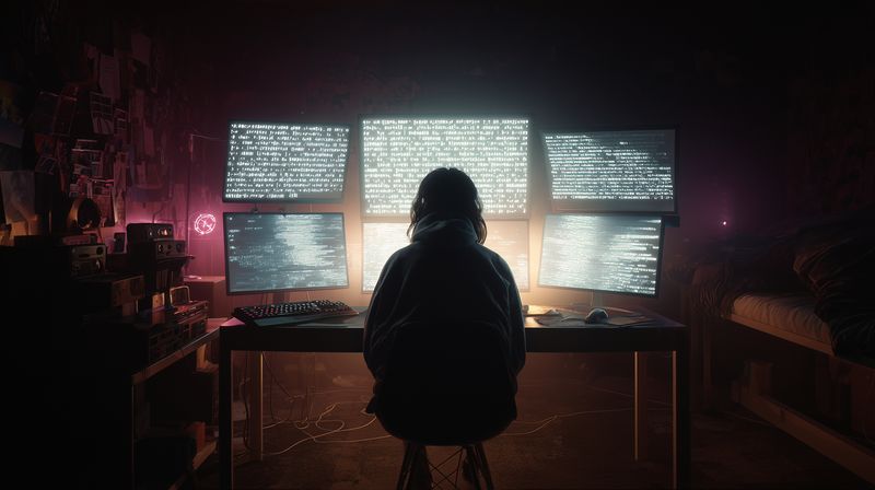 Silhouette of a person working at multiple glowing monitors in a dark room, surrounded by code and electronic equipment, creating a moody cyber security and hacking atmosphere.