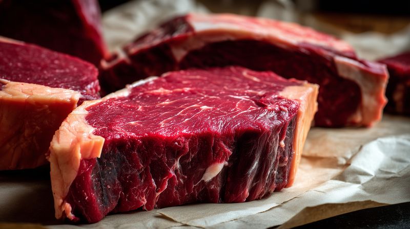 Close-up of fresh raw beef steaks on butcher paper showing marbling and texture, high contrast natural lighting highlighting rich red color and raw meat details and moisture.