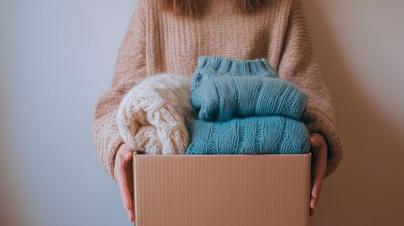 Hands holding a cardboard box filled with neatly folded knit sweaters in soft neutral tones, evoking cozy warmth, seasonal style, and practical home organization or donation.