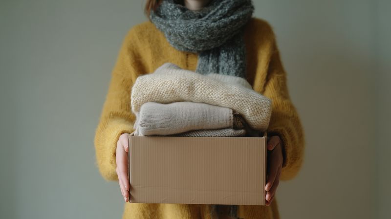 Person holding a cardboard box filled with folded knit sweaters and a scarf, wearing a warm yellow sweater, soft natural light and neutral background convey cozy winter wardrobe and gentle care.