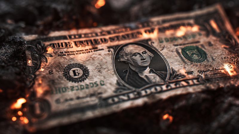 A close-up of a charred paper banknote with glowing embers and ash along its edges, showing scorched texture and partial burning to represent financial loss, instability, and crisis.
