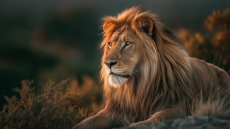 Majestic male lion with thick mane resting in warm golden light, gazing into the distance. A detailed closeup portrait capturing wild beauty, strength and calm presence in nature.