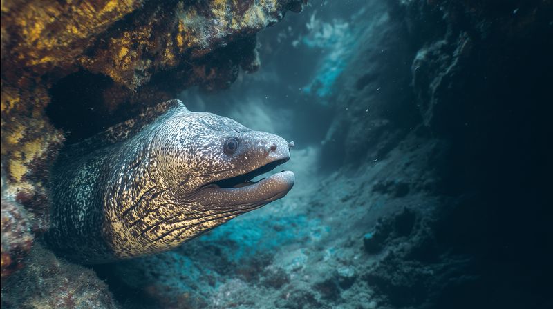 Close-up of a moray eel peeking from a rocky crevice underwater, showcasing textured skin and open jaws amid blue-green reef water, dramatic shadowed seascape and subtle light rays.