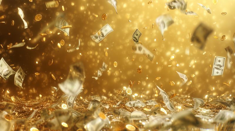 Falling banknotes and shimmering gold coins cascade through a glowing golden scene, creating a dynamic luxurious atmosphere that evokes wealth, celebration and financial success.