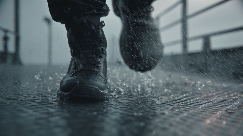 Close-up of rugged boots running across a wet metal deck, splashing rainwater as motion blurs droplets and textured surface, conveying action, endurance and weathered outdoor gear.