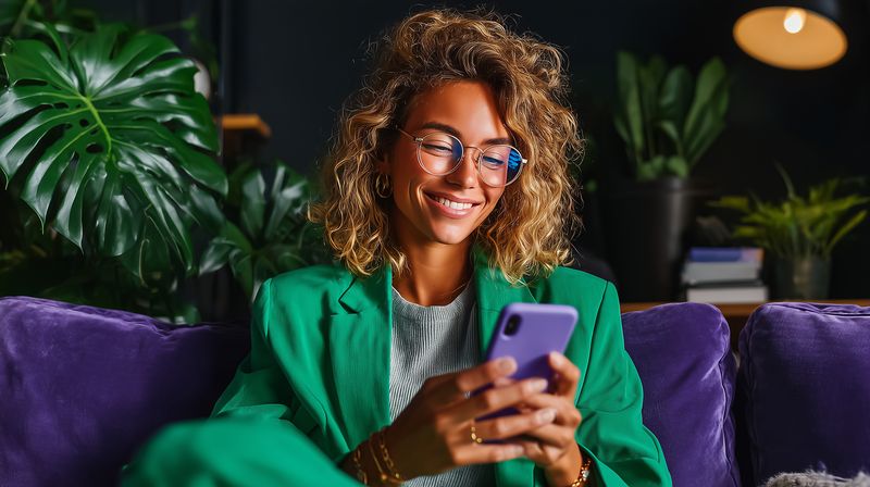Young woman in a vibrant green suit relaxes on a purple sofa, smiling as she uses a smartphone, surrounded by indoor plants and warm lamp light in a cozy modern living room.