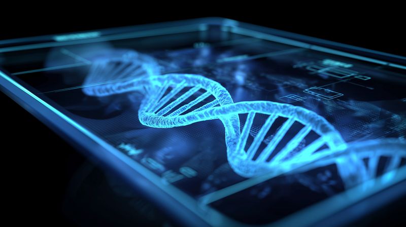 Futuristic glowing DNA double helix displayed on a digital tablet screen, representing advanced genetic research, biotechnology visualization, and high-tech data analysis in laboratory context.