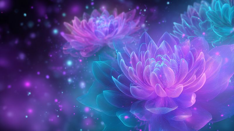 Dreamy neon lotus flowers with glowing translucent petals float in a cosmic bokeh background, creating a surreal ethereal floral scene with vibrant purple and teal colors.