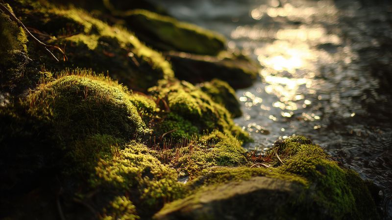 Close-up of vibrant green moss covering rocks along a sunlit stream, with soft golden light reflecting on water and shallow depth of field in early morning.