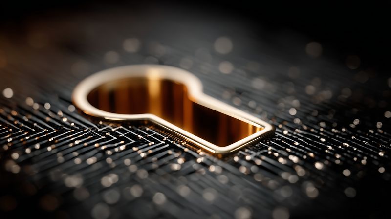 Golden keyhole recessed in a dark circuit board, symbolizing digital security, data protection and controlled access in modern electronics and cybersecurity systems.